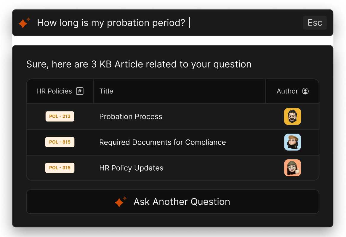 Assist AI returning approved HR policy articles for an employee probation question