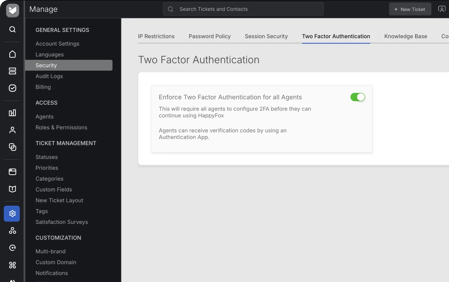 HappyFox Help Desk Two Factor Authentication settings with agent enforcement enabled