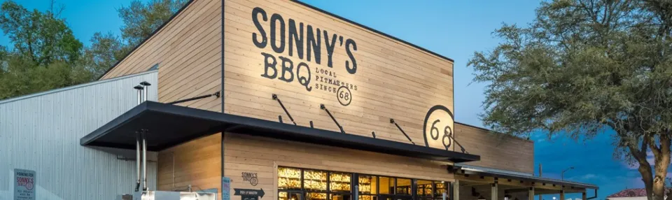 The exterior of a Sonny's BBQ restaurant.