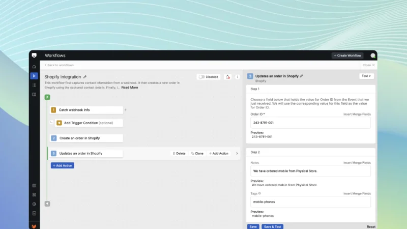 HappyFox Workflows editor showing an automated Shopify workflow
