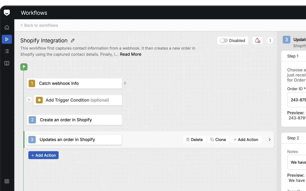 HappyFox Shopify integration workflow creating and updating an order from webhook data