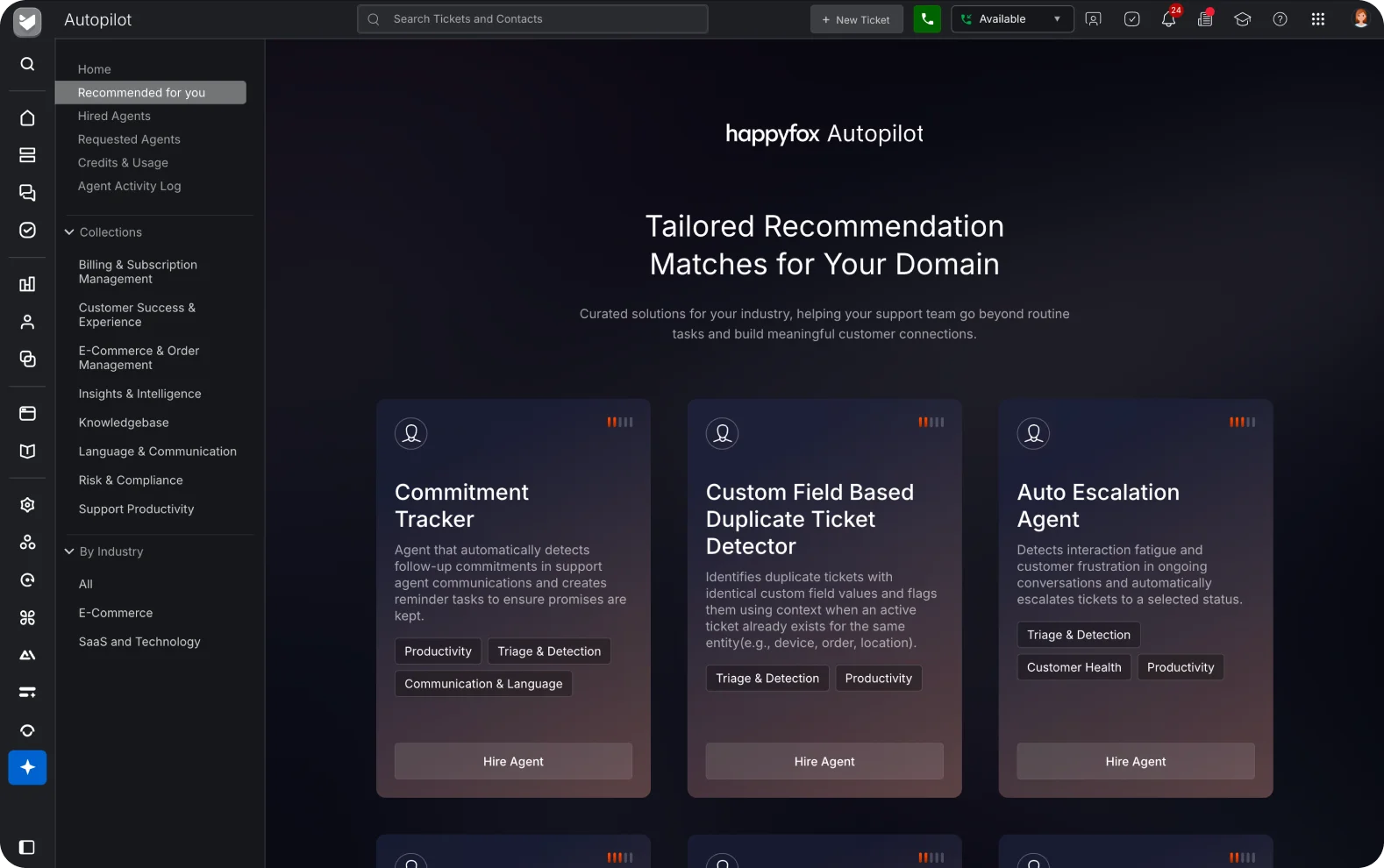 HappyFox Autopilot recommended agents for commitment tracking, duplicate detection and escalation