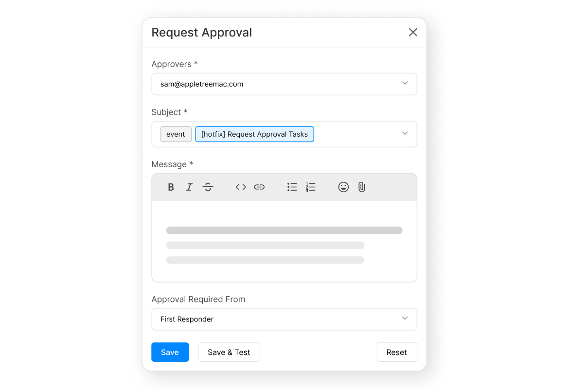 HappyFox Approval request form with approvers, subject, message, and required approval level
