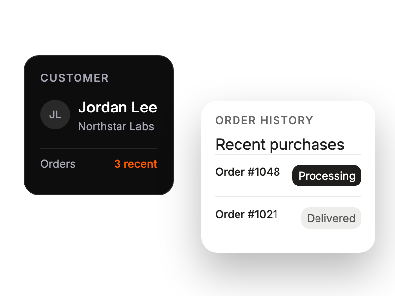 Customer profile connected to a concise order-history card.