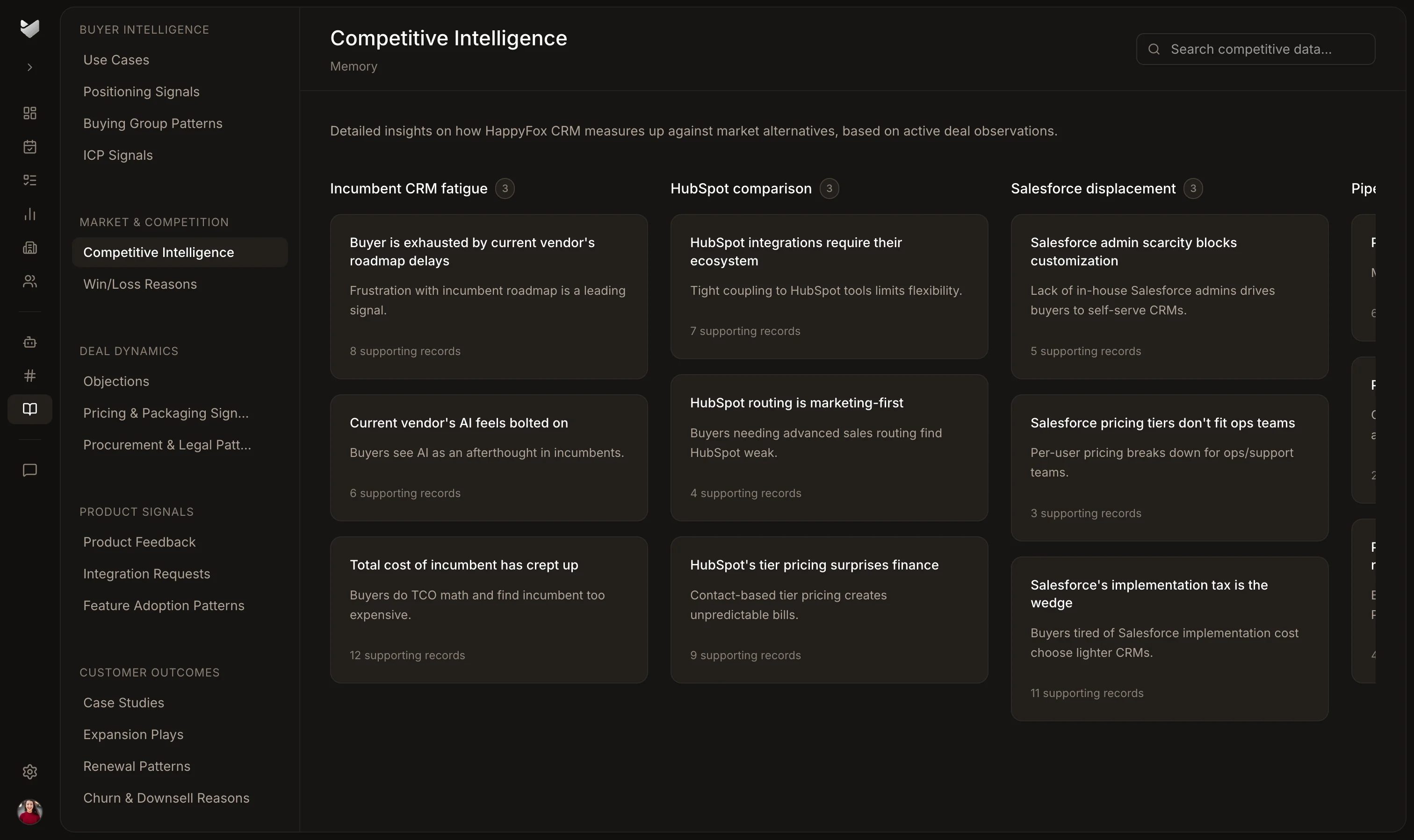 HappyFox CRM memory workspace organizing competitive intelligence from active deal observations