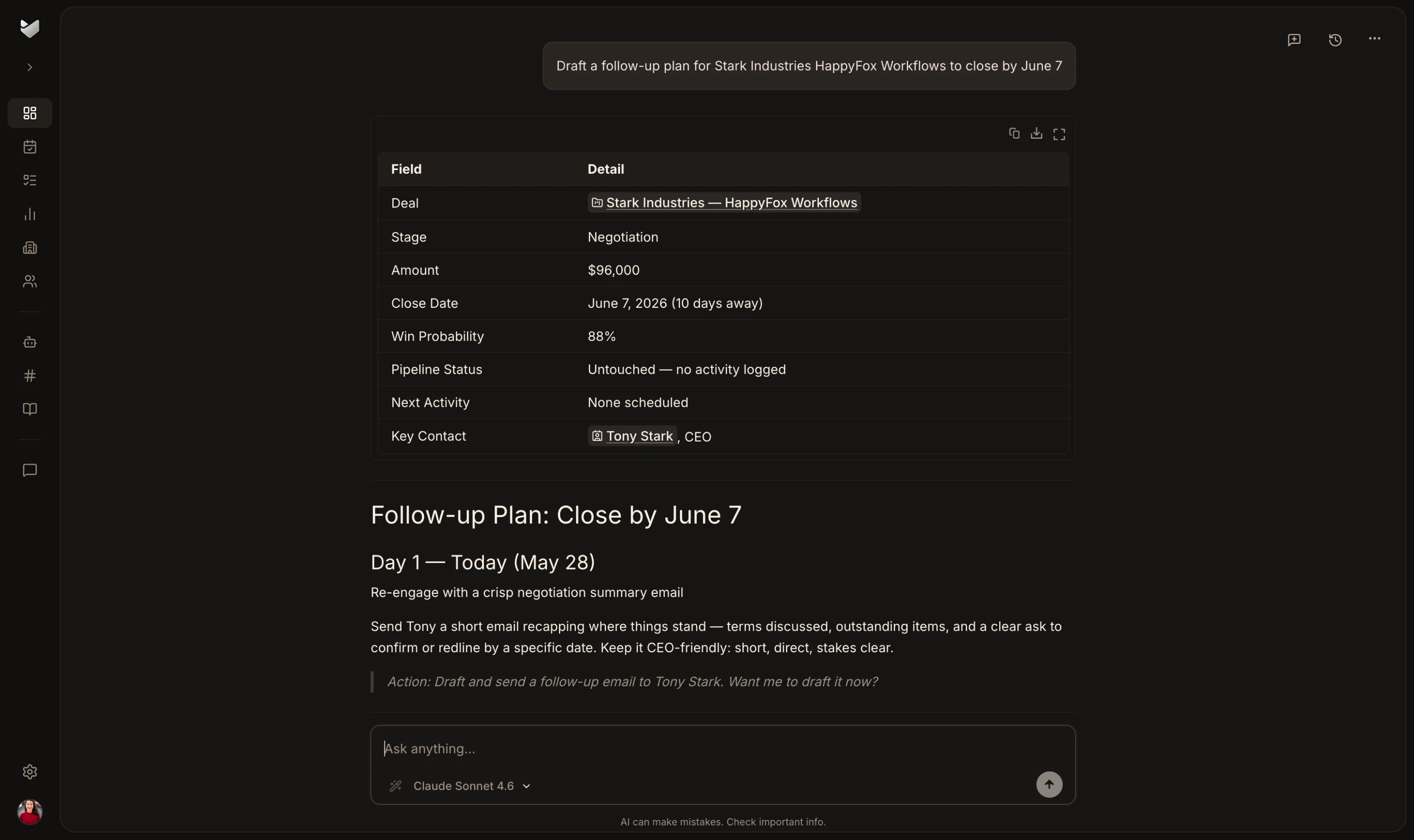HappyFox CRM AI response grounding a follow-up plan in deal stage, value, close date, probability, and key contact
