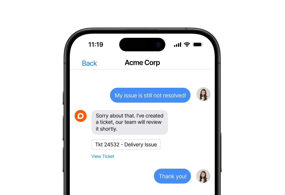 Assist AI handing an unresolved request to a human agent with a tracked ticket