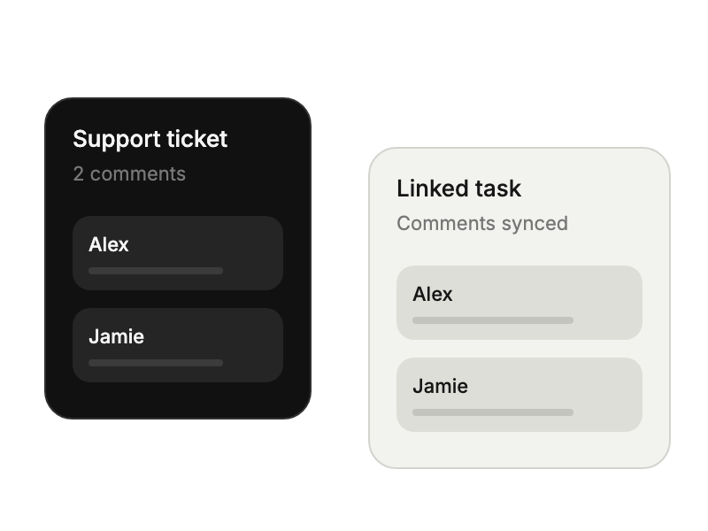 Support ticket and linked task exchanging synchronized comments.