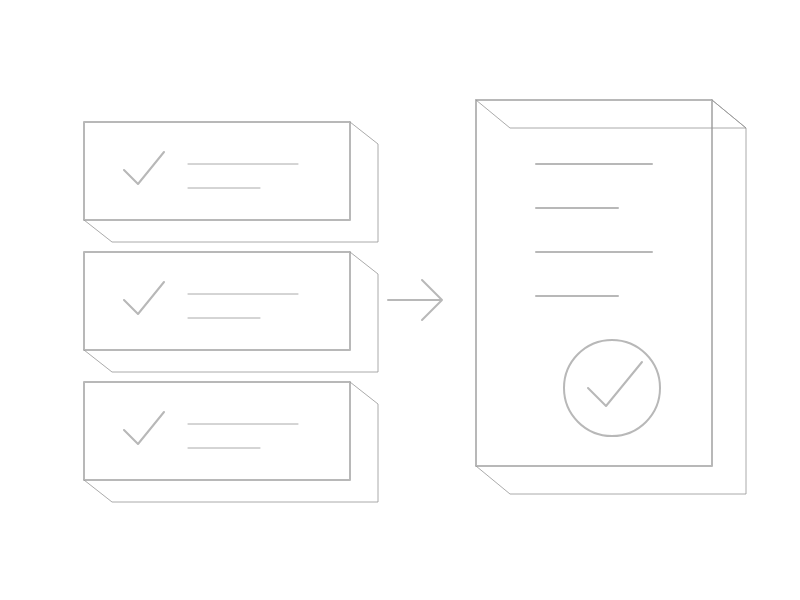 Incoming tasks moving into one completed operational workflow.