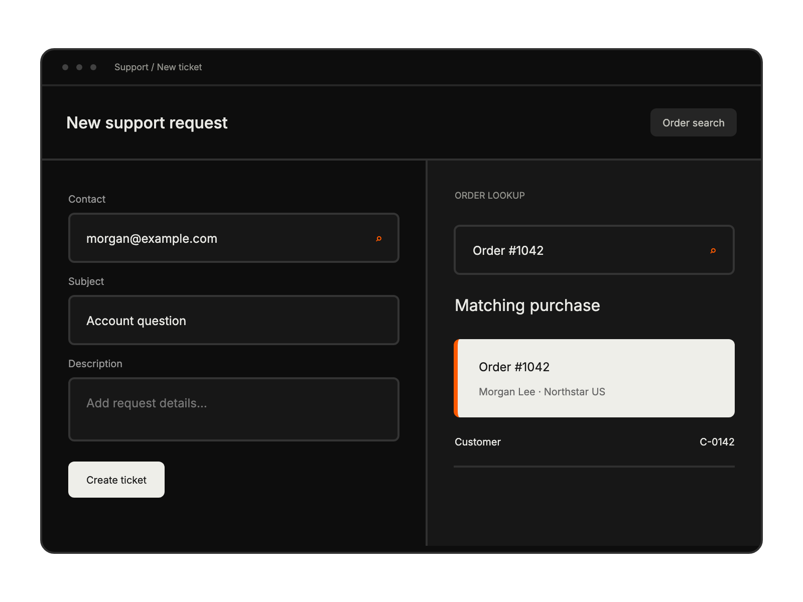 Order-number search beside a new-ticket form finds the matching purchase.