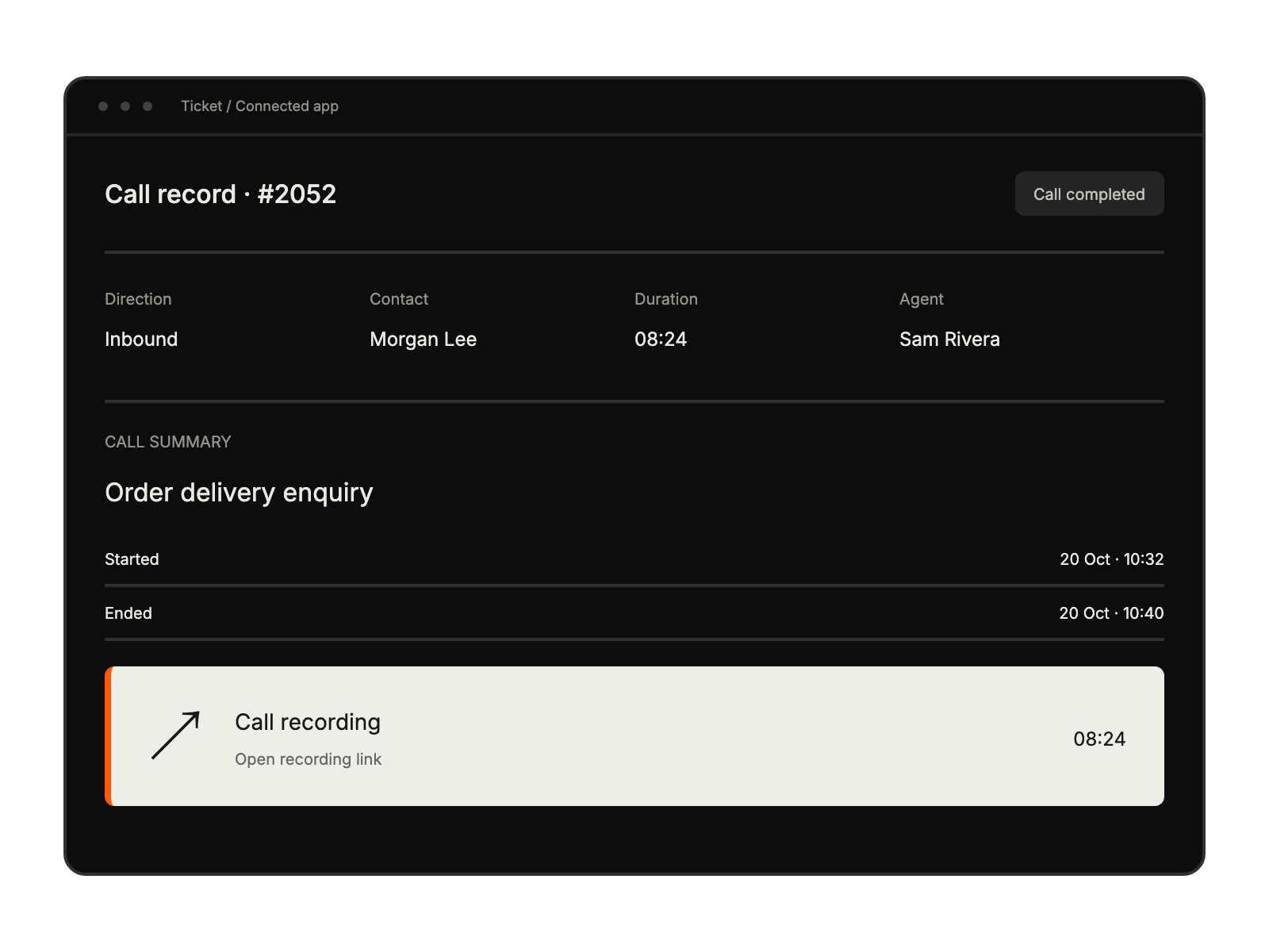 Call record with call details, a short summary and a highlighted recording link.