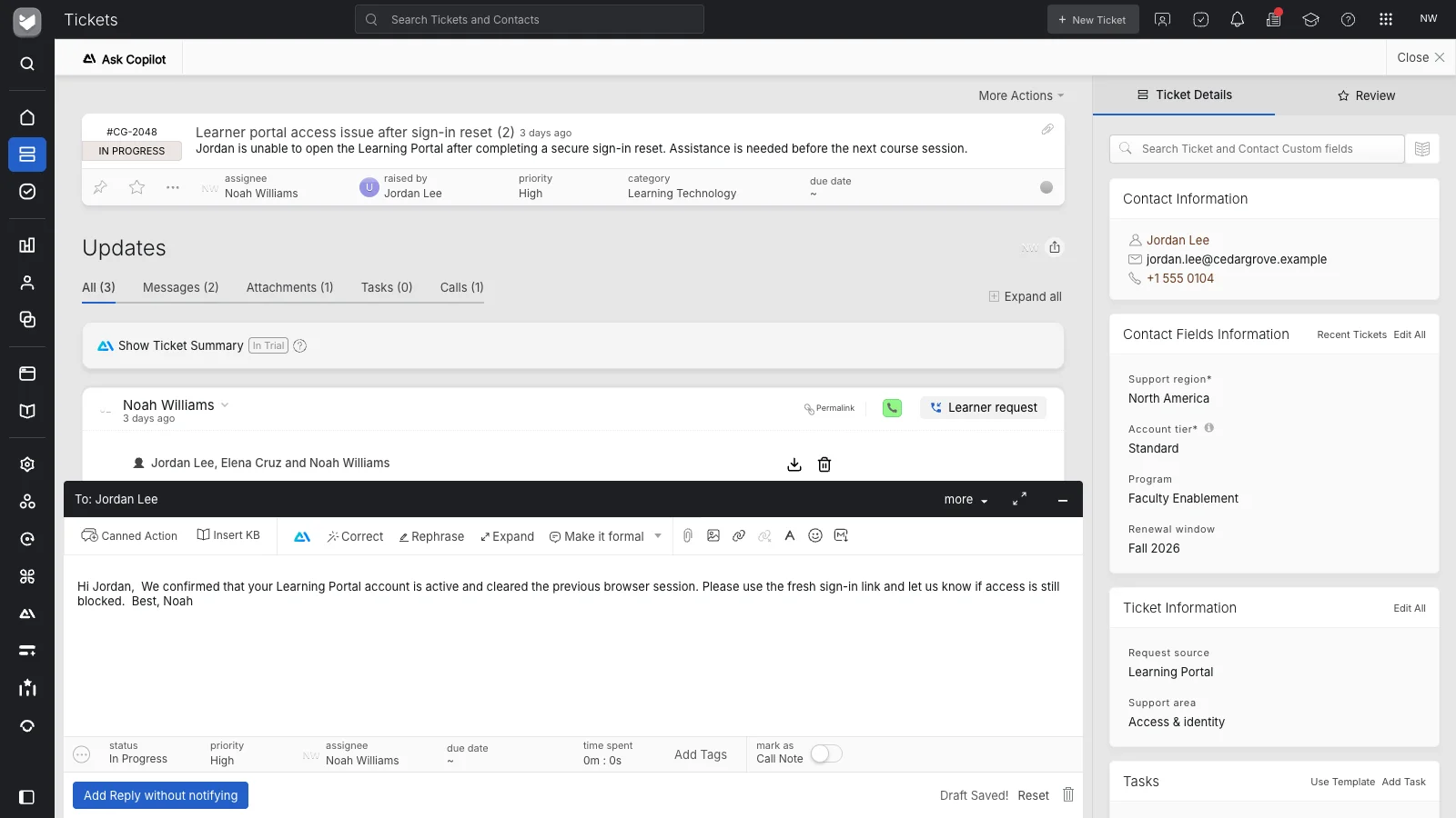 HappyFox ticket workspace with reply composer, customer details, ticket fields, and tasks