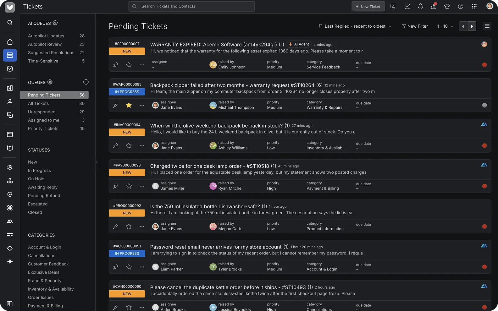 HappyFox pending-ticket queue with priorities, assignments and ticket categories